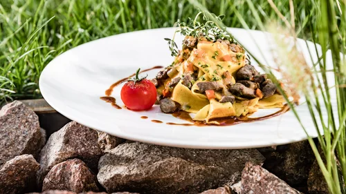 Ihr Hotel in Tramin: ein Genussort inmitten der Weinberge Pasta mit Pilzen und Tomate auf weißem Teller im Freien auf Steinen